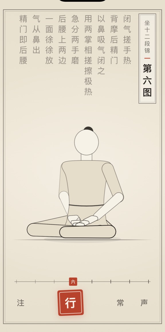 古法导引 App 里「第六图」的演示画面：线描人偶与竖排原文