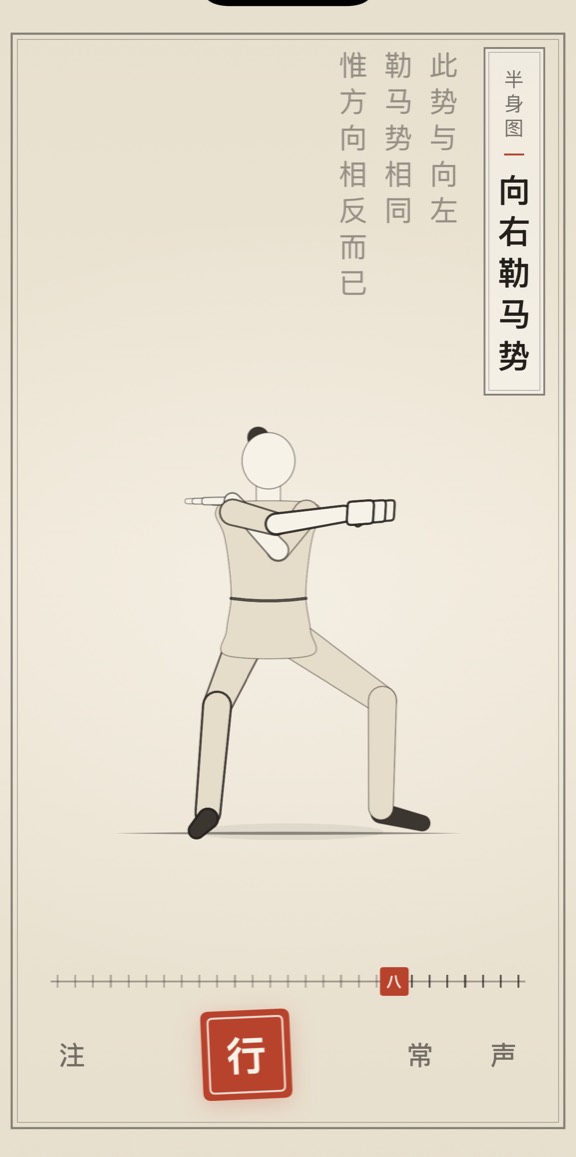向右勒马势的线描演示