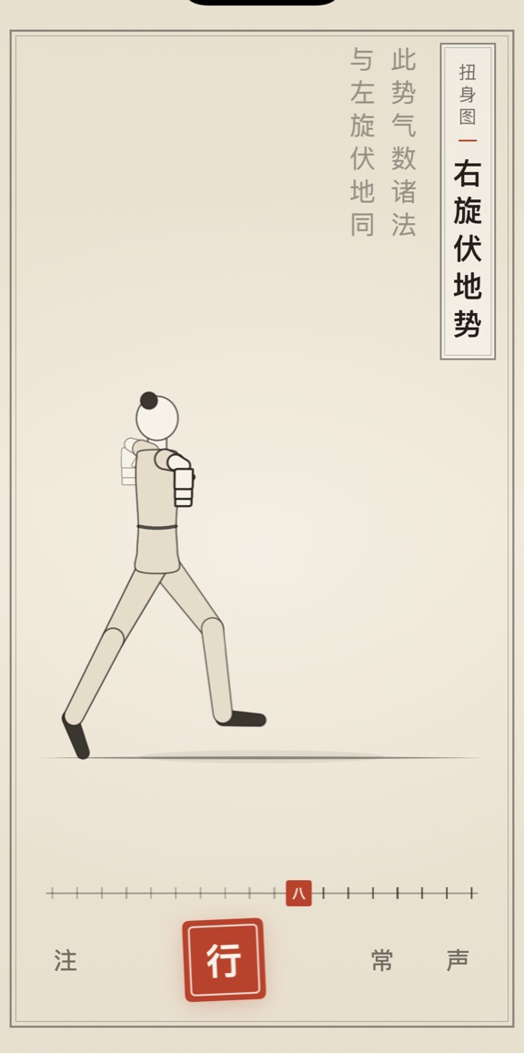 古法导引 App 里「右旋伏地势」的演示画面：线描人偶与竖排原文